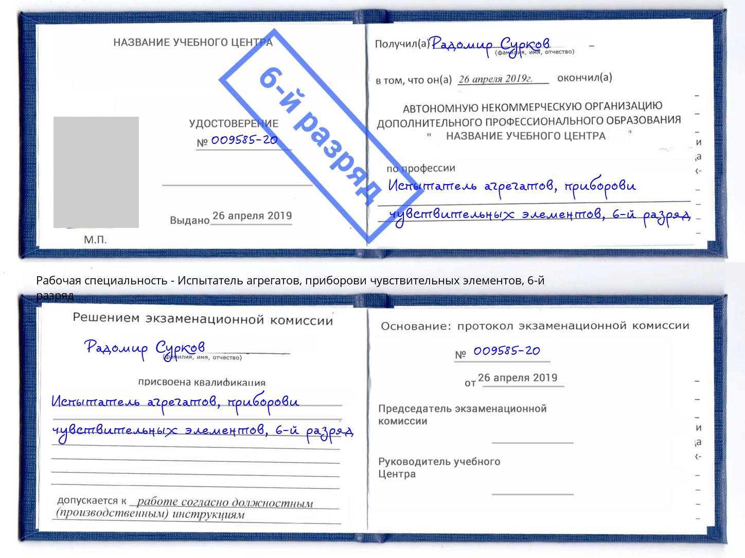 корочка 6-й разряд Испытатель агрегатов, приборови чувствительных элементов Новокубанск
