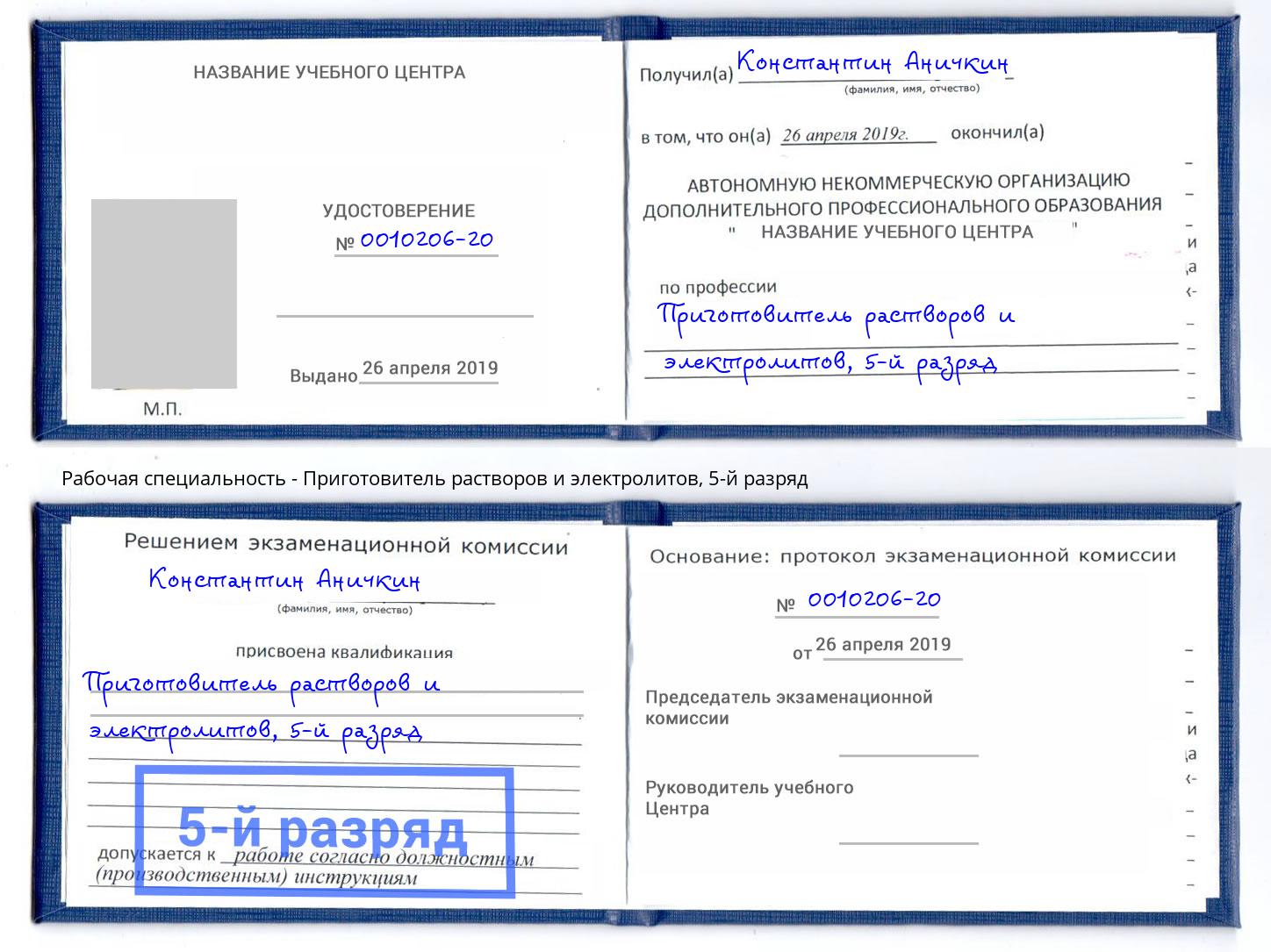 корочка 5-й разряд Приготовитель растворов и электролитов Новокубанск