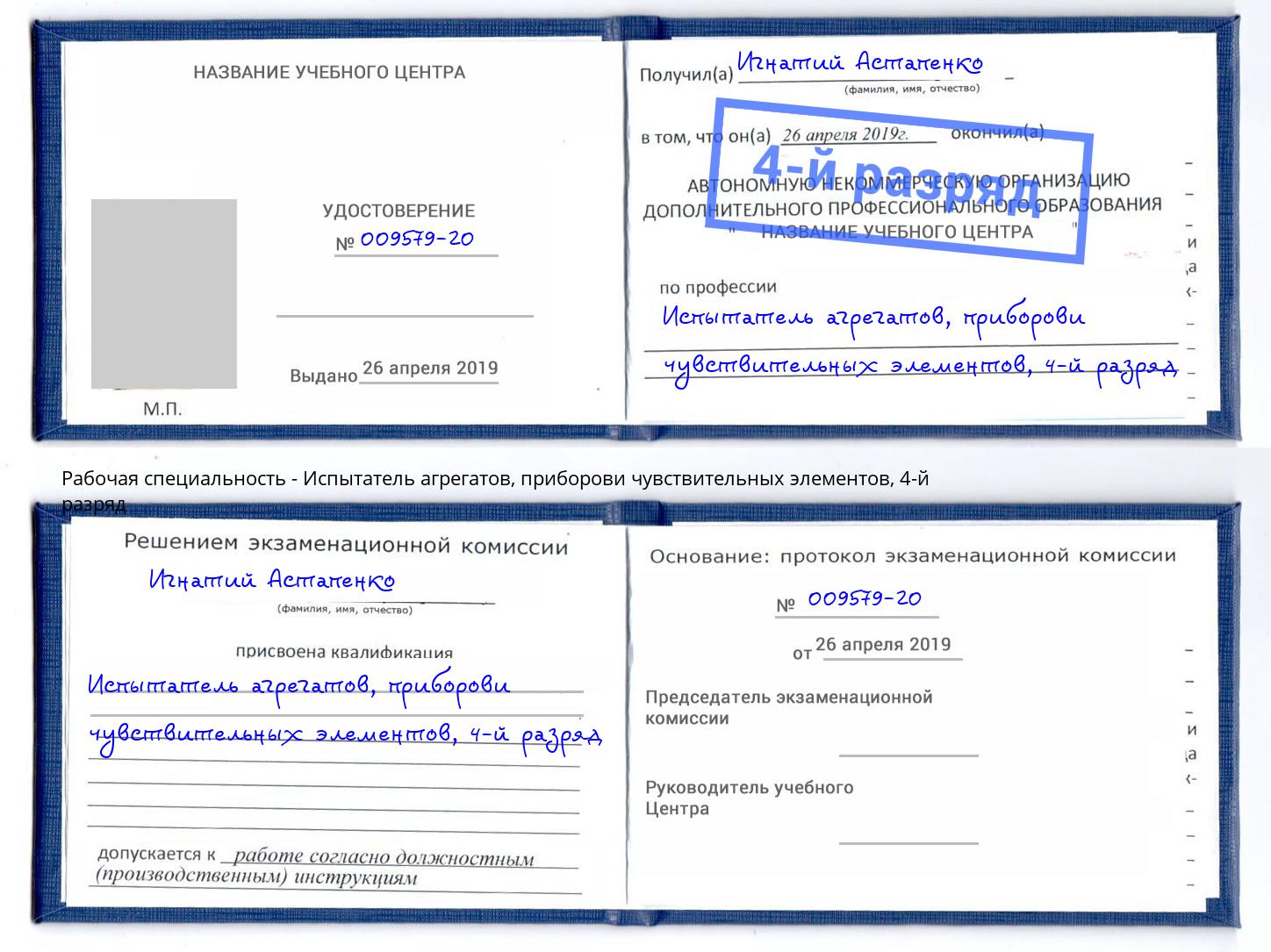 корочка 4-й разряд Испытатель агрегатов, приборови чувствительных элементов Новокубанск