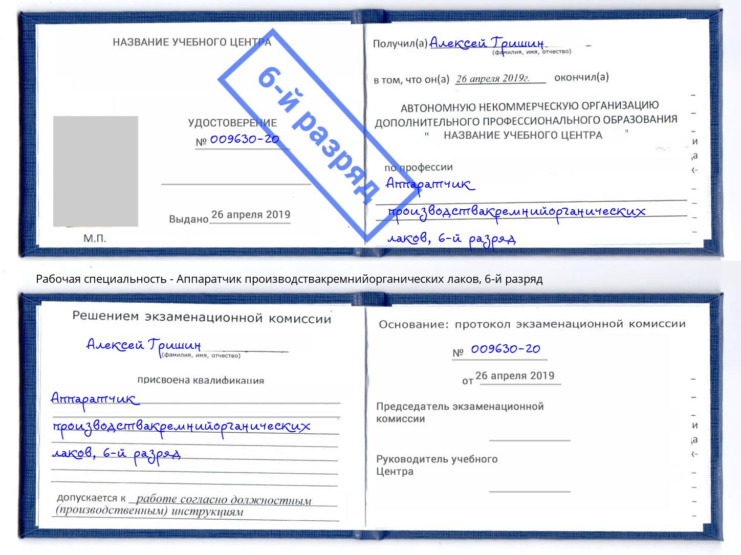 корочка 6-й разряд Аппаратчик производствакремнийорганических лаков Новокубанск