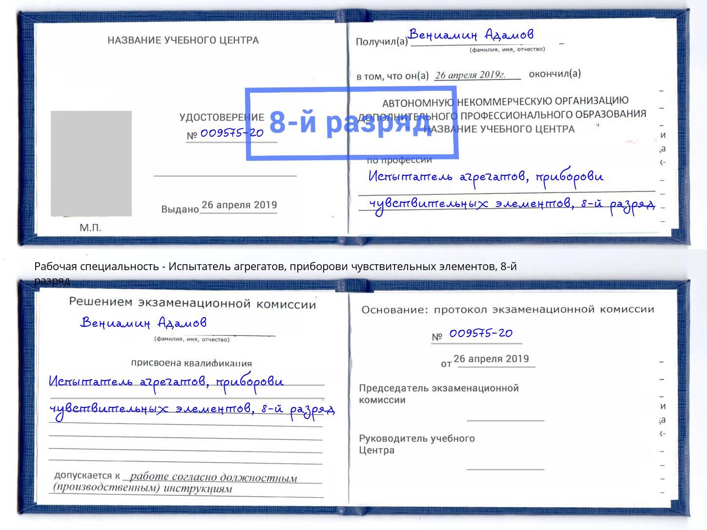 корочка 8-й разряд Испытатель агрегатов, приборови чувствительных элементов Новокубанск